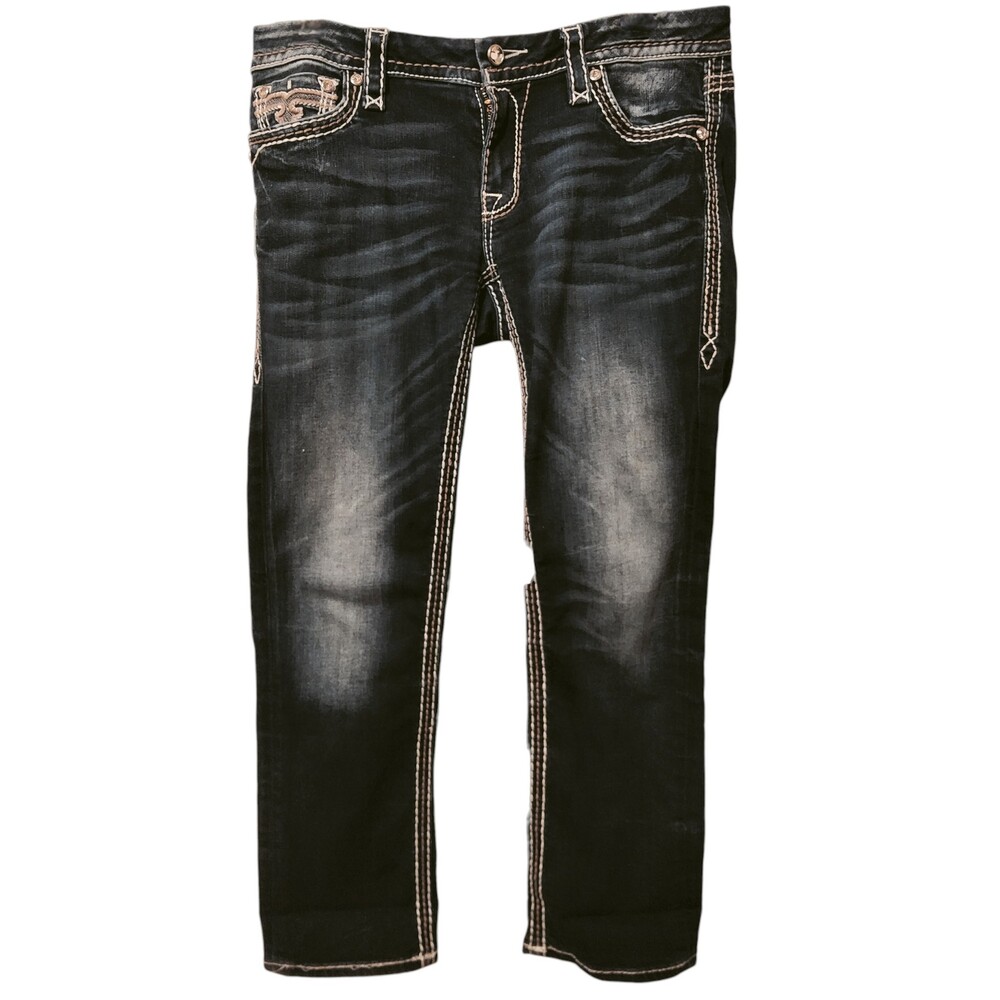 Rock Revival Jeans Size 30 Dark Denim Capris Contrast Stitch Embroidered Back Po